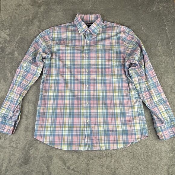 Lands End Button Down Shirt Mens M 15-15.5 Pink Blue Plaid Traditional Fit‎ - Picture 2 of 10
